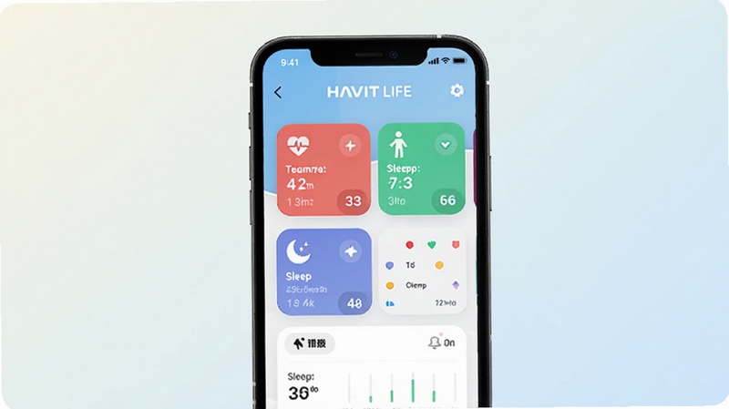 HAVIT LIFE Ӧ��������չʾ������������һ�������ֻ�����Ļ����ʾ���������Ǳ��̣��������ʡ�������˯�ߵȿ�Ƭ��Ϣ������Ϊǳɫ���䣬��������ˬ�ִ������� Boogu ģ������
