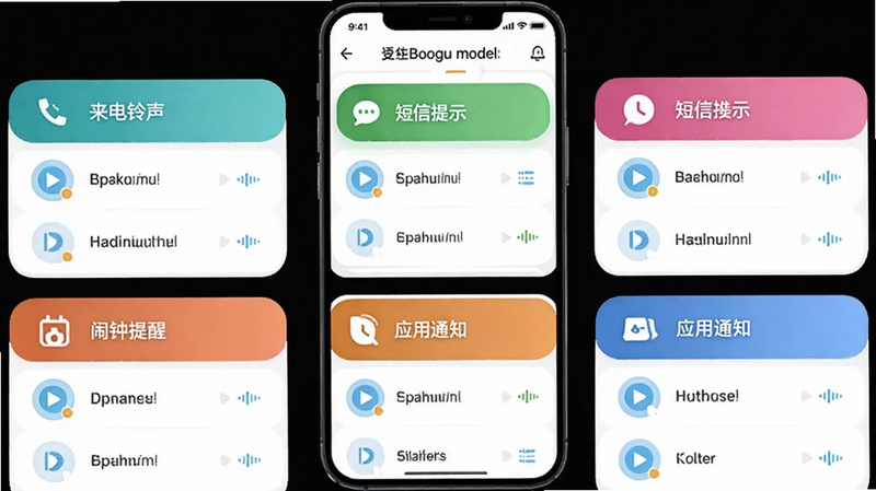 安心铃智能铃声分类管理界面,手机屏幕显示多个彩色分类标签,包括来电铃声、短信提示、闹钟提醒、应用通知等,每个标签下方有若干音频文件条目,界面整洁有序,背景为白色卡片式设计,辅以淡蓝色图标点缀,整体呈现现代手机应用的清爽视觉,适配Boogu模型生成
