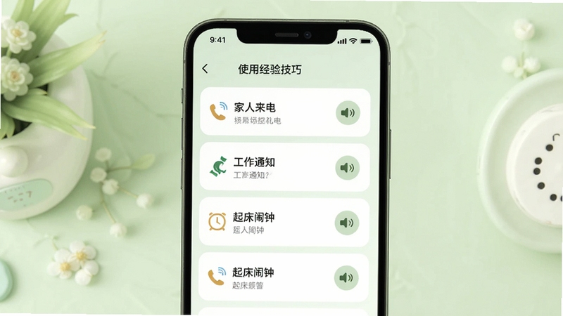 安心铃使用经验技巧展示图,手机屏幕显示多个已设置好的场景铃声列表,包括家人来电、工作通知、起床闹钟等条目,每个条目右侧有对应的音频图标,背景为淡绿色清新风格,画面传递出井然有序的使用体验,适配Boogu模型生成