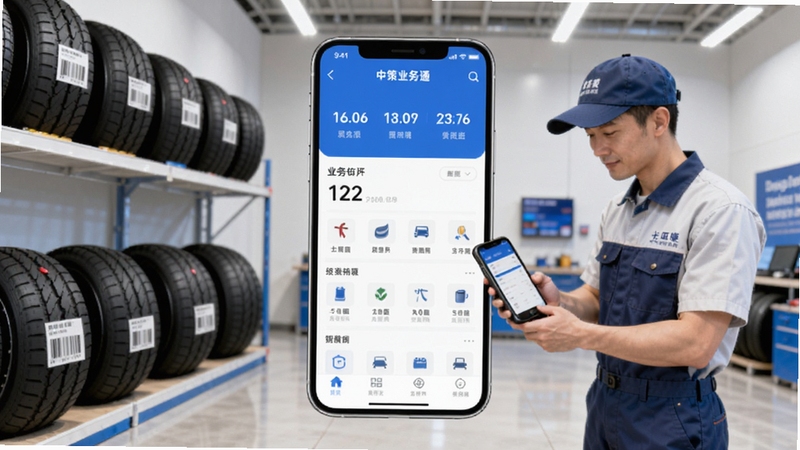 画面中央展示一部智能手机,屏幕上打开着中策业务通APP的主界面,背景是整洁的轮胎门店场景,货架上整齐摆放着卡客车轮胎,一位穿着工装的业务员正拿着手机扫描轮胎条码。整体色调明亮,商务科技感,适合Boogu模型生成。