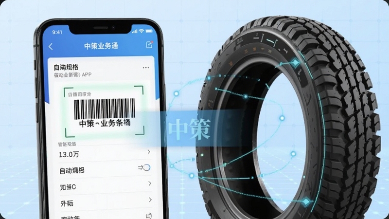 中策业务通APP界面特写,展示扫描轮胎条码后自动填充规格信息的动效,手机旁边放着一条卡客车轮胎,背景为浅蓝色科技网格,突出智能识别与数据同步,画面简洁清晰。