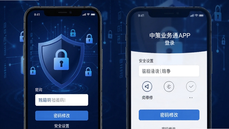中策业务通APP登录界面与安全设置页面展示,手机屏幕上有验证码输入框和密码修改选项,背景为深蓝色盾牌图标与数据加密符号,突出安全防护概念,画面简洁现代。