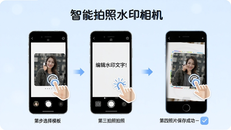 智能拍照水印相机操作流程图,以手机界面分步展示:第一步选择模板,第二步编辑水印文字,第三步点击拍照,第四步照片保存成功,画面简洁明快,每一步配有手指点击图标,背景为淡蓝色渐变,突出软件名称智能拍照水印相机