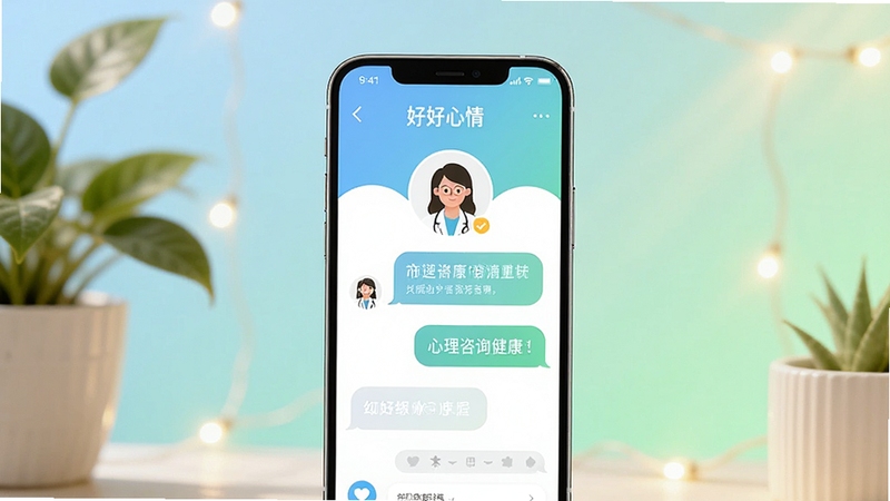 一个温馨的心理健康主题场景,画面中央是一部智能手机,屏幕上显示好心情APP的界面,有心理咨询师头像和聊天气泡,背景是柔和的淡蓝色和浅绿色渐变,周围有绿植和温暖的光线,整体风格清新治愈,适合作为软件下载页面的预览图
