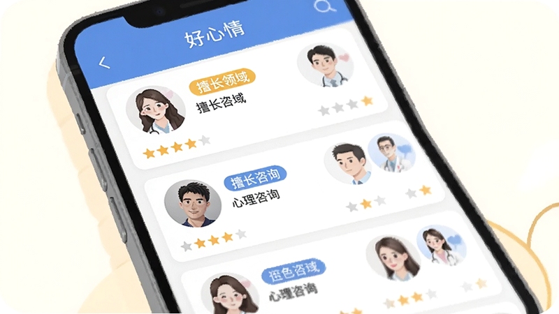 好心情APP心理咨询界面截图风格插图,画面展示手机屏幕中多位心理咨询师的头像卡片列表,每张卡片上有擅长领域标签和评分星级,背景是柔和的米白色,整体设计简洁专业,突出好心情软件的心理咨询功能