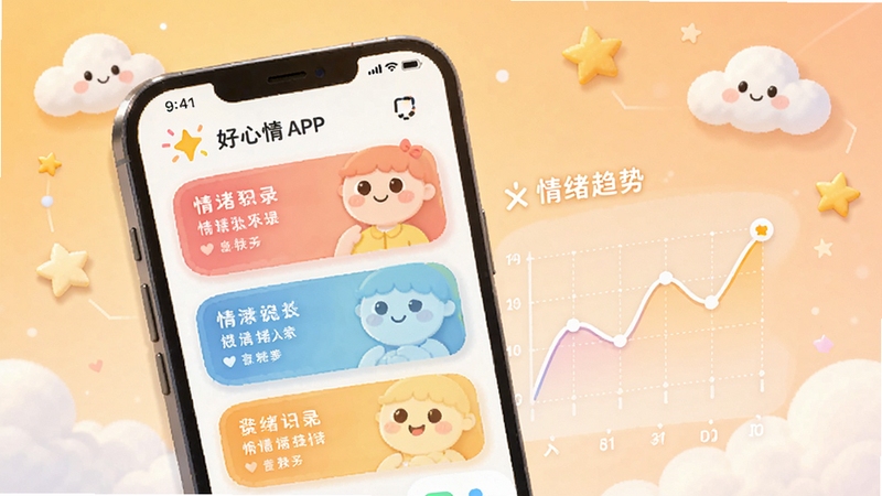 好心情APP情绪日记功能界面插图,画面展示手机屏幕上一条条彩色的情绪记录卡片和折线趋势图,背景是温暖的浅橙色渐变,周围有云朵和星星的装饰元素,整体氛围轻松愉悦,体现好心情软件的情绪管理特色