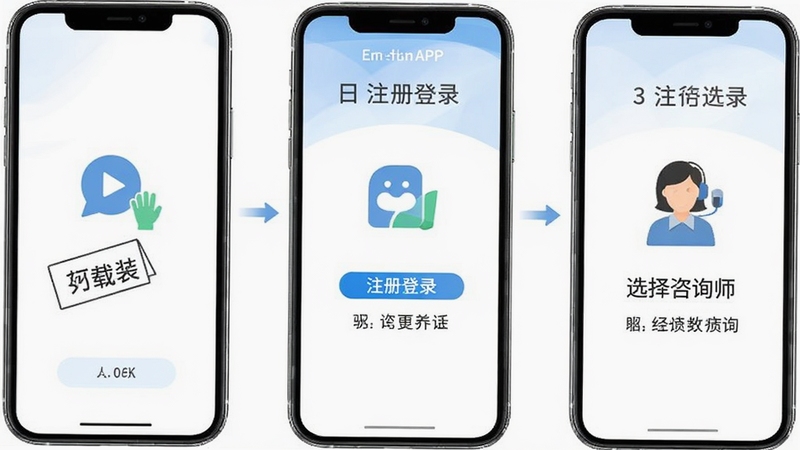 好心情APP使用教程示意图,画面展示手机屏幕从下载安装到注册登录再到选择咨询师的三个步骤流程图,每个步骤配有简洁的图标和文字说明,背景是干净的白色,整体风格清晰直观,适合作为新手引导配图