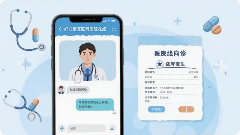 好心情互联网医院在线问诊界面插图,画面展示手机屏幕上医生在线问诊的对话界面和处方单样式,背景是淡蓝色医疗风格,配有听诊器和药丸的装饰图标,整体传达专业可靠的医疗服务氛围