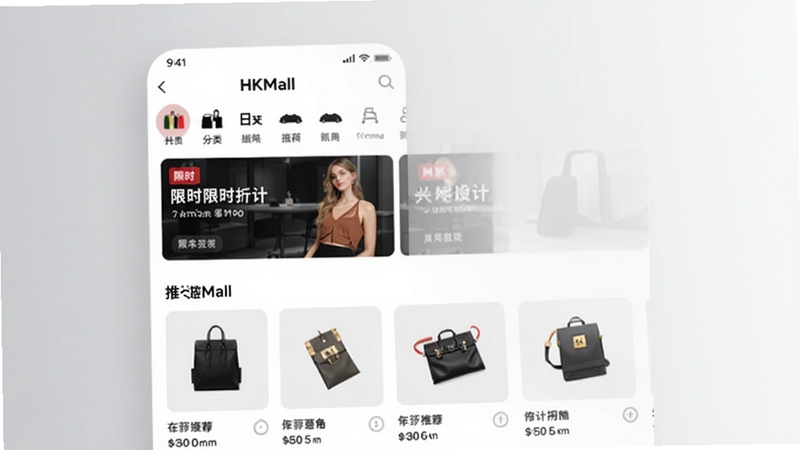 整体展示HKMall购物商城的移动端应用界面,画面主体位于中央偏左,背景为柔和浅灰渐变,展示商品分类导航、限时折扣横幅和推荐商品卡片,风格现代简洁,适配Boogu模型生成