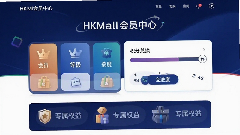HKMall会员中心页面,画面主体为会员等级卡片与积分进度条,背景为深蓝渐变,突出积分兑换入口和专属权益图标