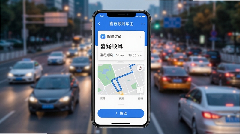 画面主体为一部智能手机竖屏展示喜行顺风车主应用主界面,界面中央显示顺路订单卡片与地图路线缩略图,背景为城市道路与早晚高峰车流虚化场景,整体色调以蓝白为主,风格简洁现代,适合应用商店截图展示,画面中清晰呈现喜行顺风车主字样与接单按钮,分辨率1080x1920,光线明亮柔和。