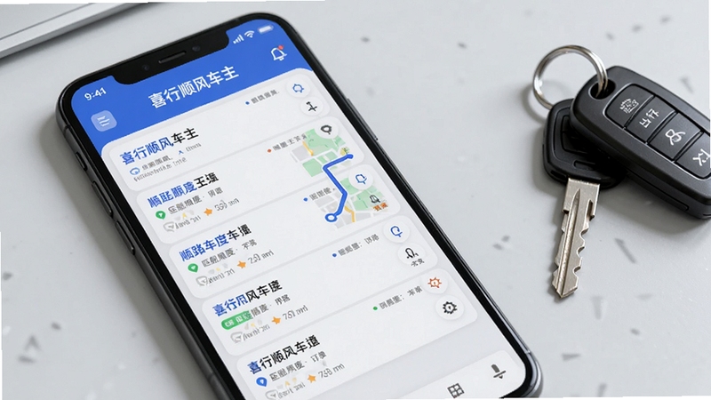 画面主体为手机屏幕中显示喜行顺风车主订单匹配列表,多条顺路订单按匹配度由高到低排列,旁边有地图路径连线示意,背景为简洁的浅灰色工作台面,手机旁放着一串车钥匙,整体风格写实清新,突出智能匹配与出行场景,画面中可见喜行顺风车主标识。