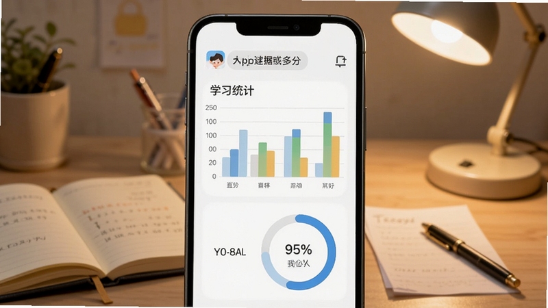 boogu生成一张背多分App学习统计页面的手机界面图,画面主体是手机屏幕显示柱状图和环形进度条,背景是书桌场景,有笔记本和台灯,色调温暖柔和,突出数据可视化细节