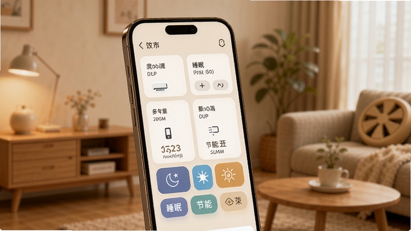 ���յ�ң�������豸�����볡��ģʽ���棬�ֻ���Ļչʾ�豸��Ƭ�б���ÿ�ſ�Ƭ��ע����������յ�Ʒ�ƣ��·���˯�ߡ����ܵȿ�ݰ�ť�����������͵�ůɫ�����ֻ�λ�ڻ�������ƫ��λ�ã�����Ϊģ���ļҾӻ���������Booguģ������