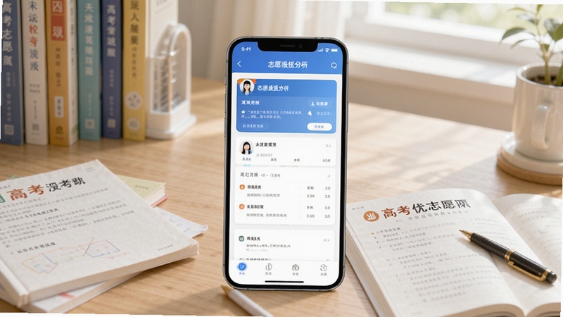 高考优志愿填报助手 软件主界面全貌预览图,画面中央展示手机屏幕内志愿填报分析页面,背景区域为书桌与高考复习资料,光线柔和明亮,整体风格简洁专业,适配Boogu模型生成