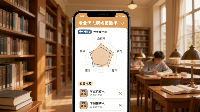 高考优志愿填报助手 专业倾向测评报告页面示意图,画面中央展示手机屏幕内雷达图与专业推荐列表,背景区域为图书馆书架与学习场景,色调温暖舒适,适配Boogu模型生成