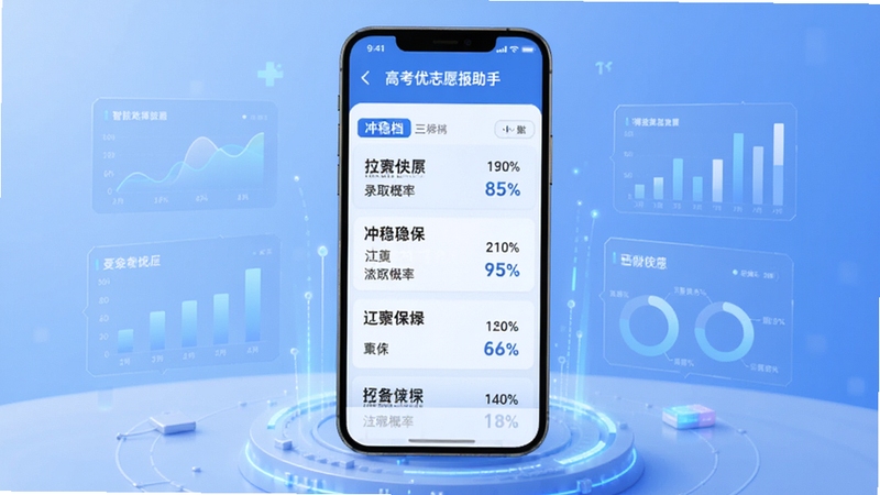 高考优志愿填报助手 智能院校匹配功能展示图,画面中央为手机屏幕显示冲稳保三档院校列表与录取概率百分比,背景区域为淡蓝色渐变与数据图表元素,科技感十足,适配Boogu模型生成