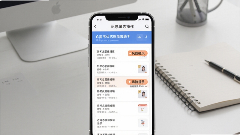 高考优志愿填报助手 模拟填报志愿表操作界面图,画面中央为手机屏幕显示志愿列表与风险提示标签,背景区域为简约办公桌面与笔记本,光线均匀,适配Boogu模型生成
