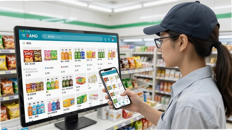 帮便利BANG软件界面展示海量商品分类货架,便利店店主正在用手机浏览零食饮料日用百货等商品列表,画面明亮整洁,突出移动端订货场景