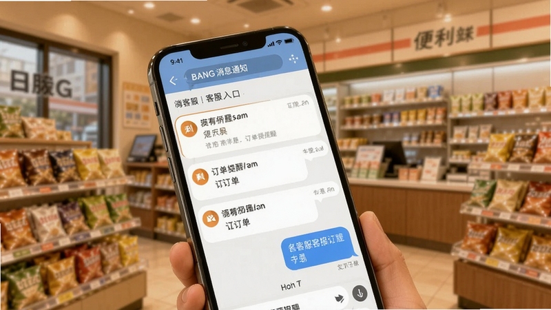 帮便利BANG消息通知与客服入口界面,手机显示多条订单提醒和客服对话气泡,背景为便利店内部环境,风格温暖亲切