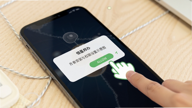 恒星邦办 安装与权限设置示意图,画面展示手机屏幕弹出权限请求对话框,旁边有手指点击允许的示意,背景为简洁的浅色桌面,风格清晰直观,体现恒星邦办安装引导过程