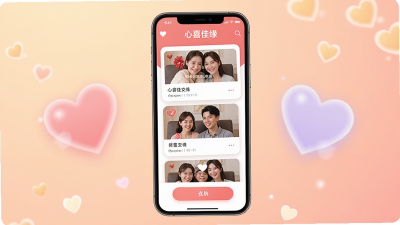 心喜佳缘应用主界面全景展示,画面中央为手机屏幕内呈现的婚恋交友卡片式滑动界面,背景为柔和暖色调渐变,左右两侧点缀粉色与浅紫色的心形光晕,整体风格温馨现代,突出心喜佳缘品牌标识与核心交互区域