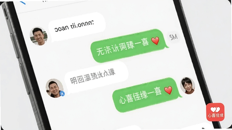 心喜佳缘聊天界面特写,手机屏幕中显示双方对话气泡与爱心表情,背景为浅灰色极简风格,画面右下角有心喜佳缘小图标,整体传达轻松愉快的交流氛围