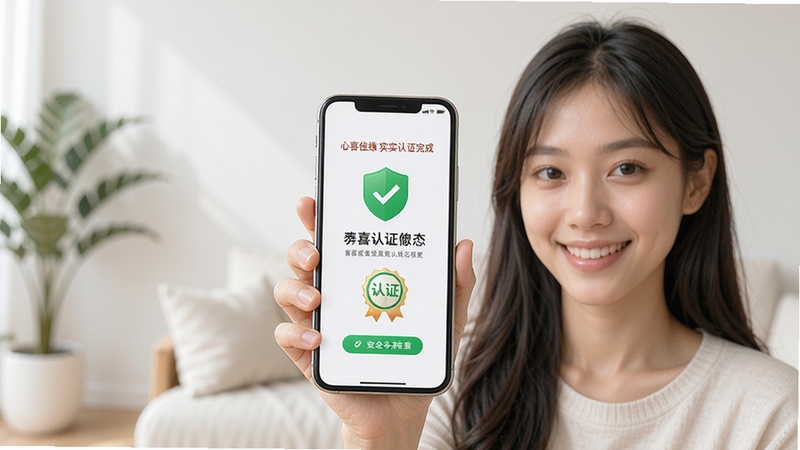 一位年轻女性手持智能手机,屏幕显示心喜佳缘实名认证完成页面,绿色盾牌图标与认证徽章清晰可见,背景为明亮简约的室内环境,画面传递安全可靠的情感氛围