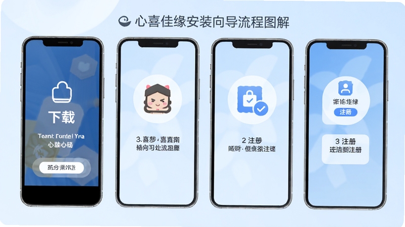 心喜佳缘安装向导流程图解,画面展示手机屏幕从下载到注册的四个步骤,每个步骤配有图标与简短文字说明,背景为淡蓝色渐变,整体风格清晰直观