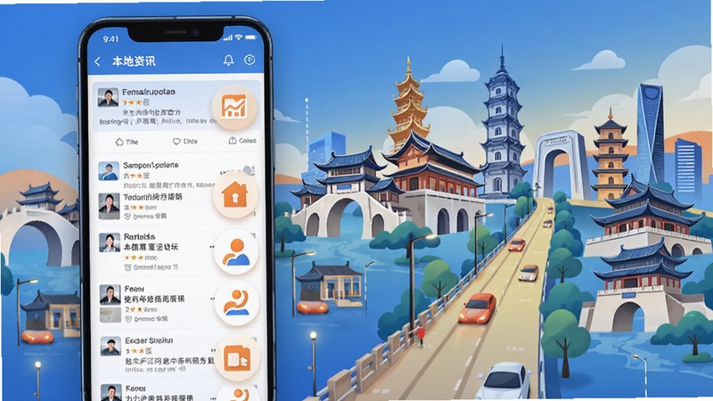 魅力庐江网手机客户端主界面整体展示图,画面中央为手机屏幕呈现本地资讯信息流与论坛入口图标,背景区域为庐江城市地标建筑群与周瑜大道等本地元素融合的现代插画风格,色调以蓝色和橙色为主,突出本地生活服务氛围