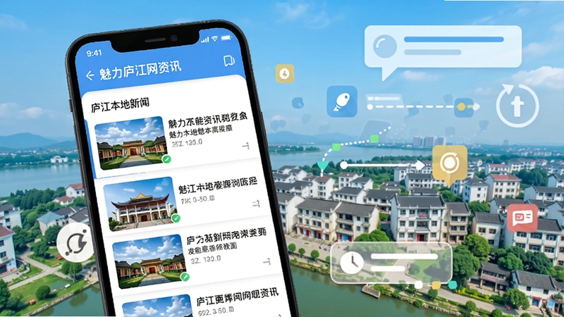 魅力庐江网资讯浏览界面概念图,手机屏幕内呈现庐江本地新闻列表与图片缩略图,背景区域为庐江县城全景与信息流图标交织的扁平化设计风格,画面主体突出资讯更新及时的特点,色调清爽明快