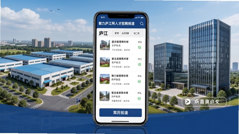 魅力庐江网人才招聘频道使用场景图,画面展示手机端招聘信息列表与简历投递按钮,背景区域为庐江工业园区与商务办公楼群,主体坐标位于画面中央,突出招聘求职功能,整体风格简洁专业