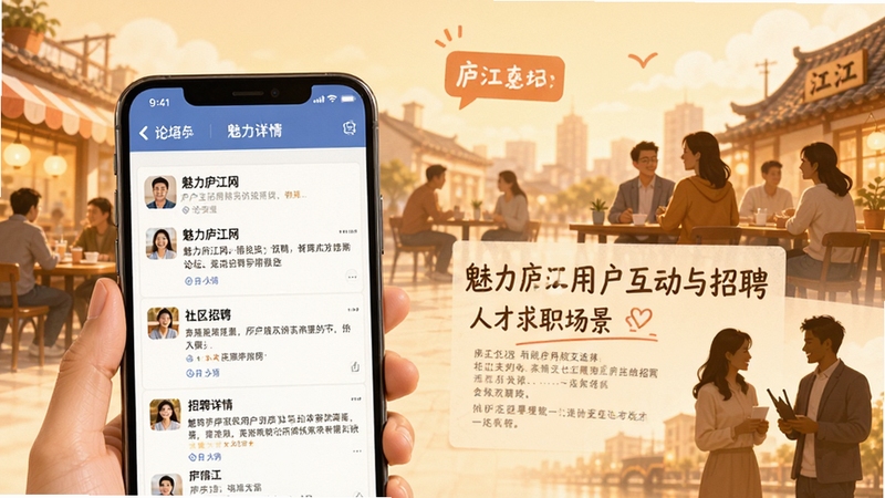 魅力庐江网用户互动与招聘求职场景概念图,画面主体为手机屏幕展示论坛帖子和招聘详情页,背景区域为庐江本地生活场景与人物剪影,突出社区交流与人才对接功能,风格温暖亲切
