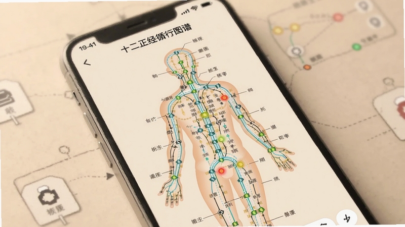 经络养生软件内十二正经循行图谱界面,人体经络线路清晰标注,穴位点闪烁提示,背景为淡雅米色,手机屏幕展示,柔和光线,扁平化设计风格,细节精致