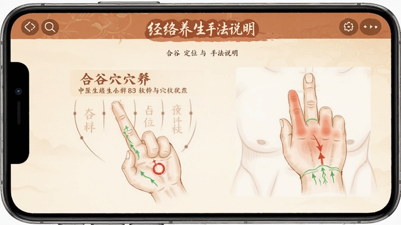 经络养生软件穴位百科页面,展示合谷穴定位与手法说明,手指按压示意,中医风格插画,暖色调,简洁清晰,手机应用截图样式
