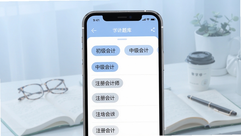 全汇考会计手机端题库列表界面,展示初级会计、中级会计、注册会计师等分类标签,背景为淡蓝色学习场景,界面清爽简洁
