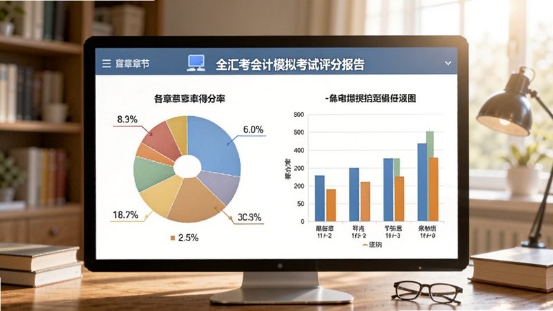 全汇考会计模拟考试评分报告界面,饼状图与柱状图展示各章节得分率,背景为书房场景,光线明亮