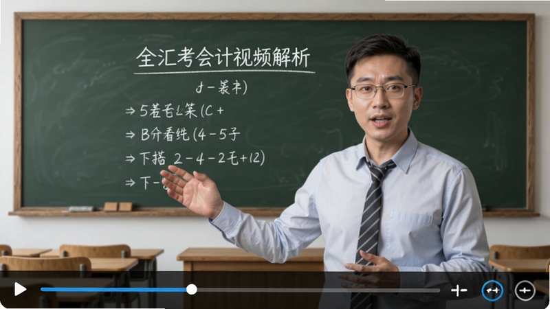 全汇考会计视频解析播放界面,老师正在讲解会计分录,屏幕下方有进度条与倍速按钮,背景为教室黑板风格