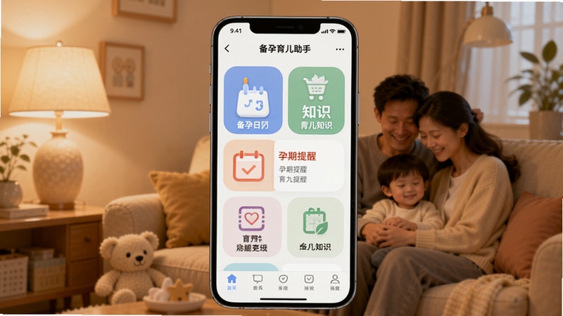 备孕育儿助手软件主界面概览,画面中央展示手机屏幕内备孕育儿助手应用首页,包含备孕日历、孕期提醒、育儿知识等功能模块图标,背景为温馨的暖色调家庭场景,柔和的灯光氛围,扁平化UI设计风格,高清细节,适配Boogu模型生成