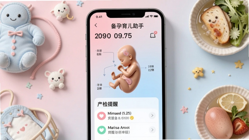 备孕育儿助手孕期追踪功能界面,画面主体为手机屏幕显示孕期周数、胎儿发育3D示意图和产检提醒列表,背景为柔和的粉色与浅蓝色渐变,周围点缀婴儿用品和孕期营养食物元素,温馨治愈风格,高清渲染,适配Boogu模型生成