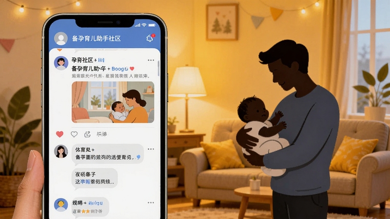 备孕育儿助手社区互动界面,画面展示手机屏幕内孕育社区帖子列表和用户互动评论,背景为温馨的客厅场景,有父母抱着婴儿的剪影,暖黄色灯光,扁平插画风格,细节丰富,适配Boogu模型生成