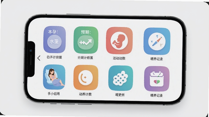 备孕育儿助手实用小工具集合界面,画面中央为手机屏幕展示预产期计算器、胎动计数器、喂养记录等多个工具图标,背景为浅灰色极简风格,图标色彩鲜明,排列整齐,高清UI展示,适配Boogu模型生成
