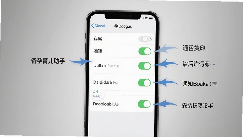 备孕育儿助手安装权限设置示意图,画面展示手机屏幕内应用权限管理界面,标注存储、通知、后台运行等权限开关位置,背景为简洁的灰色渐变,带有箭头指引标注,清晰直观,适配Boogu模型生成