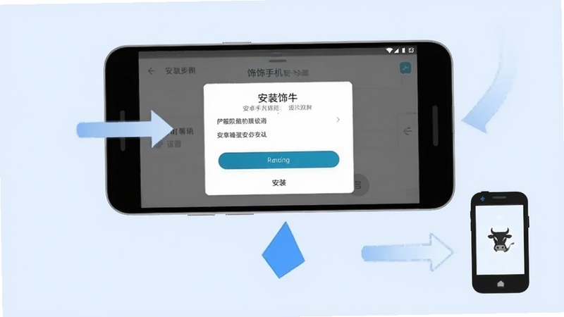 饰饰牛安卓手机安装步骤示意图,画面展示手机屏幕中权限设置与安装确认界面,背景为简洁的浅蓝色,配有箭头指引与手机图标,风格清晰易懂