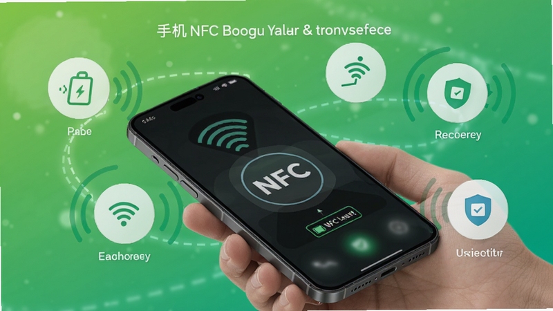 手机NFC读取运行状态示意图,画面展示一部手机在低电量模式下流畅运行NFC读取功能,周围环绕着代表轻量、快速、安全的图标符号,背景为渐变绿色调,突出软件省电与高效特性,适配Boogu模型生成