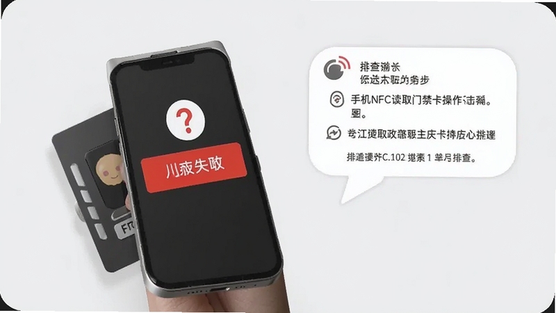 手机NFC读取门禁卡操作示意图,画面中一部手机背面贴近一张门禁卡,手机屏幕显示读取失败提示,旁边有问号图标和排查步骤文字气泡,背景为浅灰色,风格简洁明了,适配Boogu模型生成