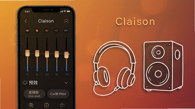 Claison音频调节功能展示图,画面中手机屏幕显示均衡器滑块和音效预设选项,旁边配有耳机和音箱的简笔插画,背景为暖色调渐变,整体风格温馨舒适,体现Claison的音频管理主题