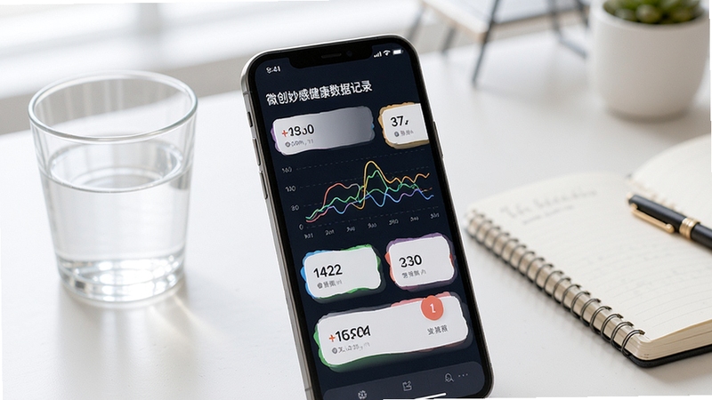 微创妙感健康数据记录界面,手机屏幕显示多条彩色折线图和数据卡片,背景是干净的书桌场景,旁边放着一杯水和笔记本,光线明亮柔和,突出数据可视化的清晰感