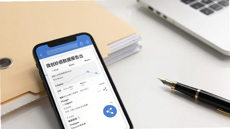 微创妙感数据报告导出界面,手机屏幕显示一份整洁的健康报告预览,旁边有分享图标,背景是简约的办公桌面,有文件夹和钢笔,整体风格商务清爽