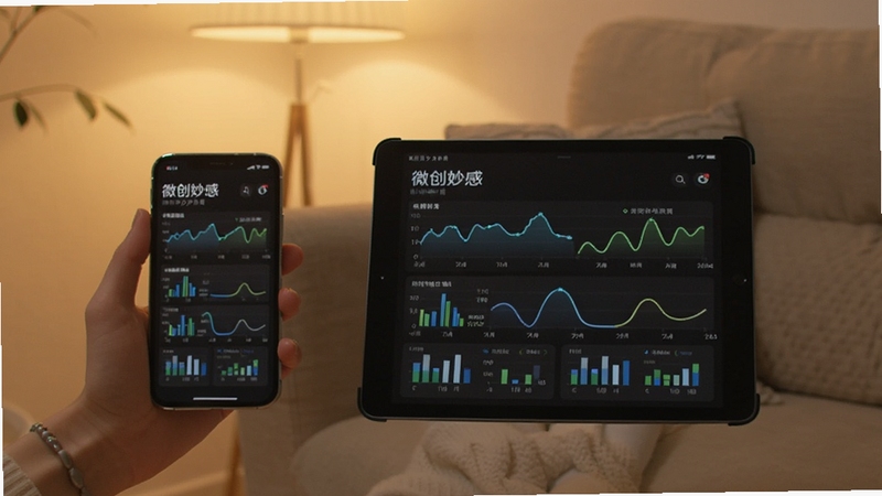 微创妙感多设备同步场景,画面中同时出现手机和平板电脑,屏幕均显示相同的健康数据界面,背景是居家客厅的沙发一角,暖色调灯光,体现便捷同步的体验
